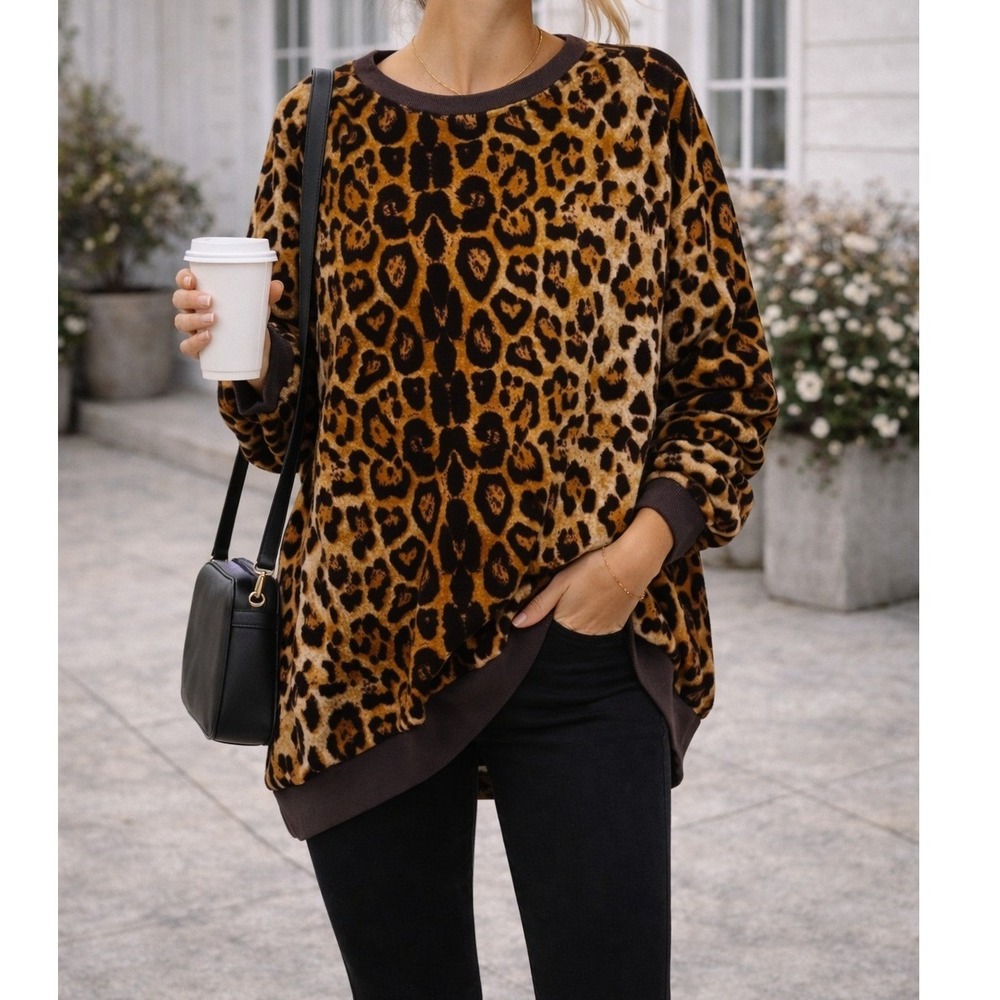 Easel Oversized Leopard Pullover Sweatshirt Brown Animal Cozy Lounge Top M